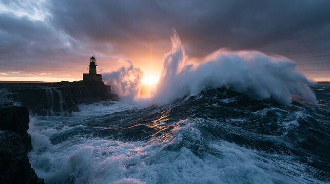 Lighthouse Standing Against Massive Crashing Wave at Sunset