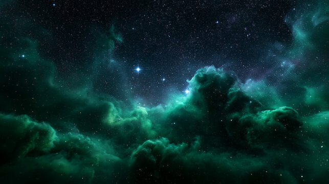 Majestic Green Nebula and Stars in Outer Space