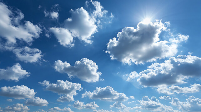 Bright Blue Sky with Fluffy White Clouds and Sunlight