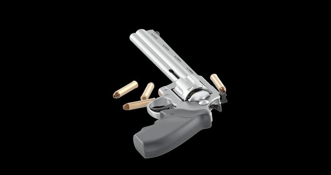 Silver revolver with cartridges rotation animation seamlessly loopable. 3D rendering isolated on transparent background