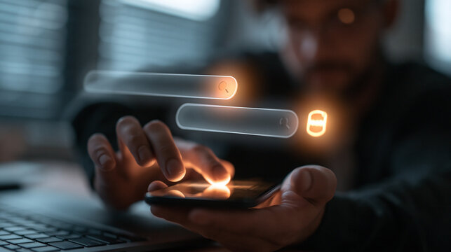 Man Using Smartphone with Glowing Digital Search Bar Interface