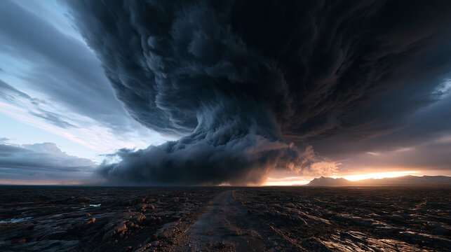 Massive Supercell Storm Cloud Towering Over Landscape at Sunset