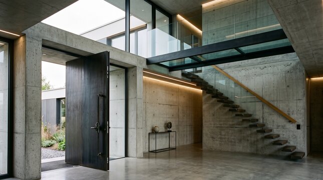 Modern Luxury Home Entrance with Concrete Walls and Open Pivot Door