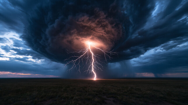 Supercell Thunderstorm with Massive Lightning Strike Over Field