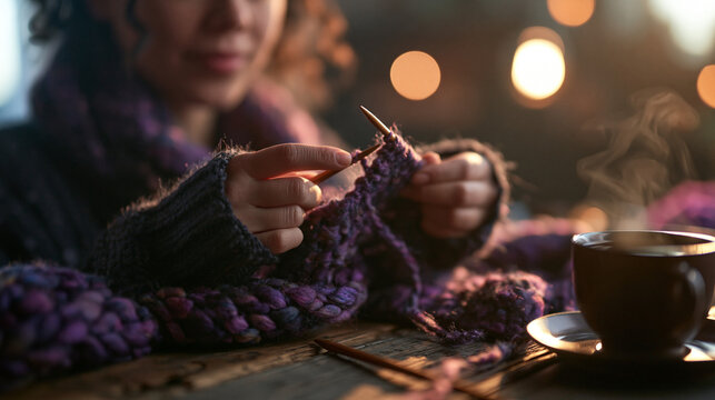 Close Up of Woman Knitting Warm Scarf with Steaming Cup