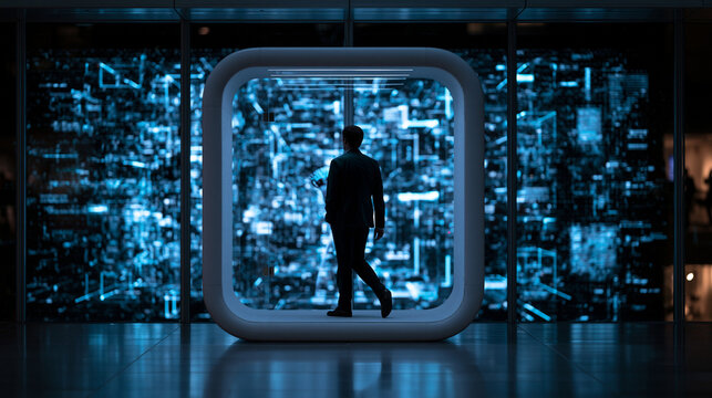 Businessman Walking Through Futuristic Digital Technology Frame