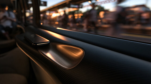 Smartphone Resting on Armrest Inside Modern Vehicle Interior at Sunset