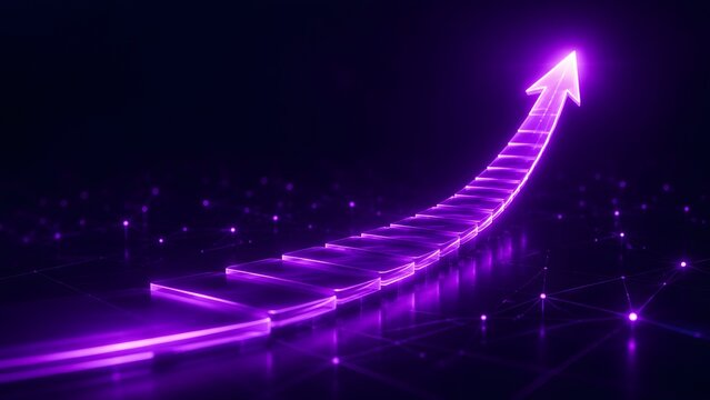 Futuristic glowing purple digital glass staircase forming an upward arrow symbolizing corporate success and technological progress