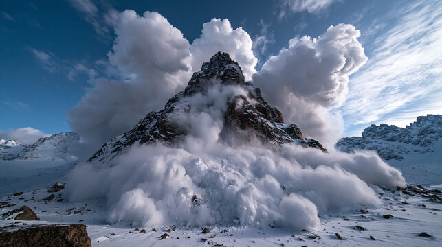 Massive Avalanche Sliding Down Snow Covered Mountain Peak