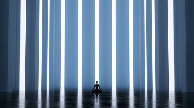 Person Meditating in Futuristic Architectural Hall with Light Pillars