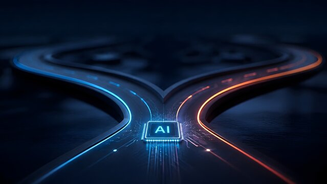Futuristic digital pathway splitting in two directions with an AI microchip at the fork representing machine learning choices and strategic technology decisions