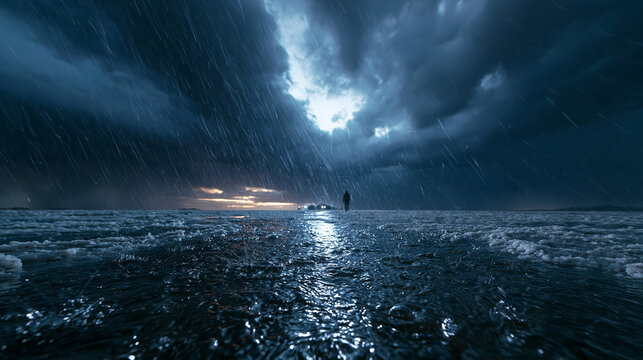 Severe Rain Storm and Dark Clouds Over Wet Horizon