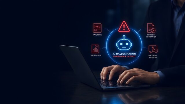 Businessman using laptop experiencing AI hallucination error warnings regarding fake news broken data and incorrect information from unreliable artificial intelligence