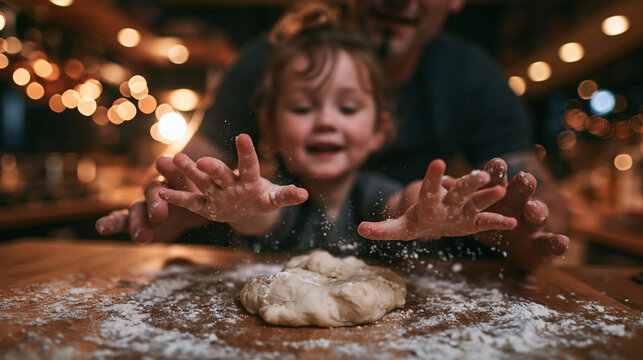 Little Girl Having Fun Baking Dough with Father in Kitchen