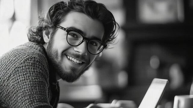 Black and white portrait of smiling young man with glasses. He leans forward, looking toward the camera. Cozy indoor setting with soft natural lighting. His expression conveys warmth