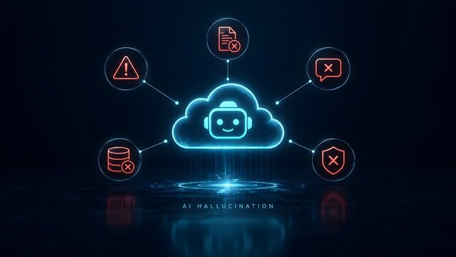 Glowing blue artificial intelligence cloud bot hovering over dark surface surrounded by red alert icons illustrating the concept of AI hallucination and machine learning data errors