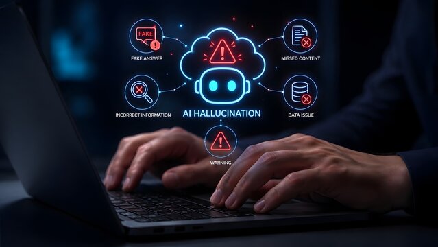 Hands typing on laptop keyboard with digital AI hallucination hologram displaying fake answer and incorrect information warnings
