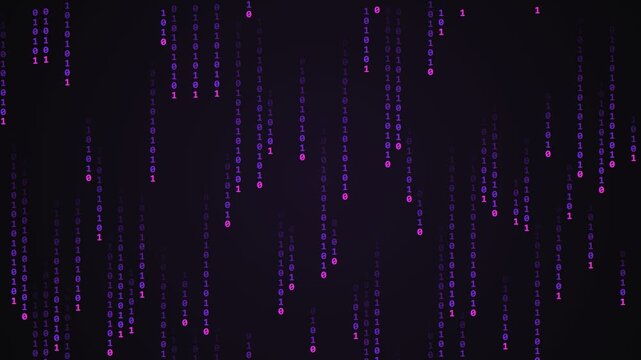 Digital binary code rain with falling purple numbers representing data stream and technology