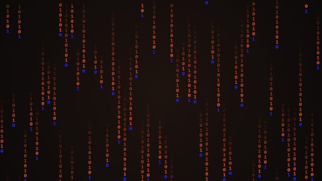 Digital binary code stream with falling red and blue numbers on a dark background motion graphic