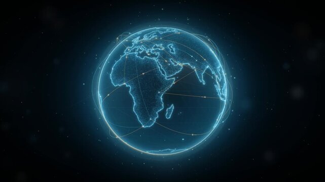 Rotating glowing blue wireframe Earth globe with orbiting network connection lines in dark space