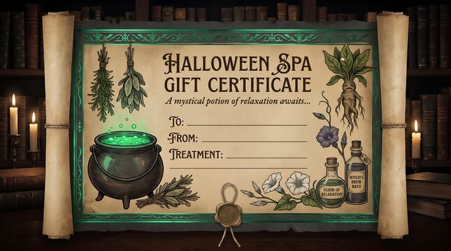Halloween spa gift certificate template on old scroll with green foil, witch cauldron and potion herbs
