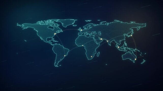 Digital world map animation with glowing city hotspots and dashed global connection routes