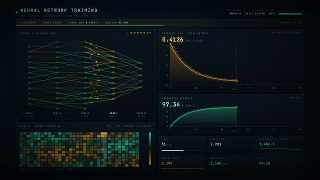 Neural network training dashboard with loss curve accuracy graph and weight matrix heatmap