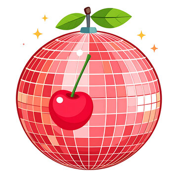 A glowing disco ball adorned with a shiny cherry and green leaves, sparkling with light, perfect for party themes