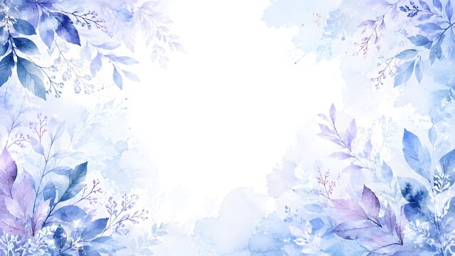 Watercolor floral frame with delicate blue and purple leaves and branches on white background