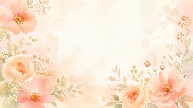 Soft watercolor floral background with delicate peach and pink flowers, elegant botanical frame with copy space for wedding invitation or greeting card