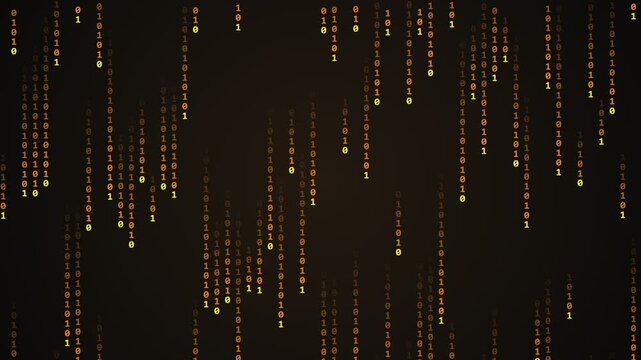 Digital binary code rain with glowing gold numbers falling down on a dark background motion