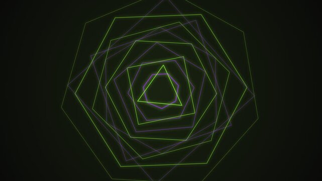 Neon glowing geometric pentagon tunnel animation with rotating lines for motion background