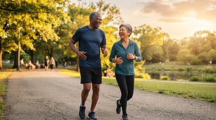 Obraz premium Active Retirement: A smiling senior couple enjoys a healthy lifestyle, jogging together along a sun-dappled park path beside a tranquil lake, embodying vitality and companionship.
