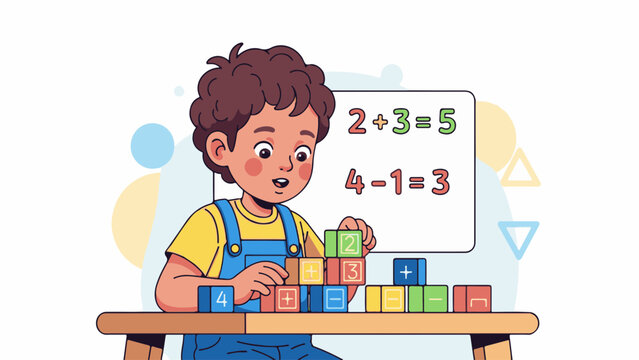 Young boy solving a simple math equation while stacking colorful building blocks on a wooden table.