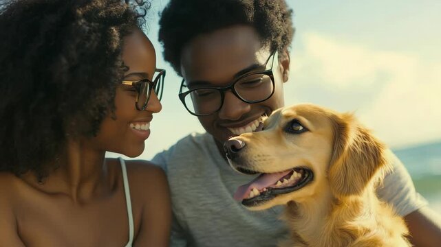 Smiling couple lovingly looking at their cute golden retriever puppy. A joyful scene of family bonding with a pet dog.