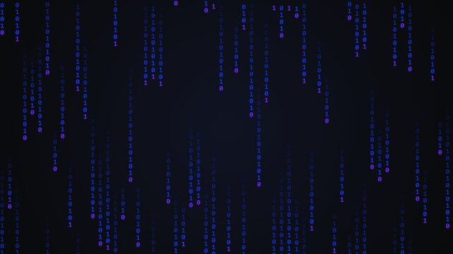Digital binary code rain falling down with blue glowing numbers on a dark abstract background
