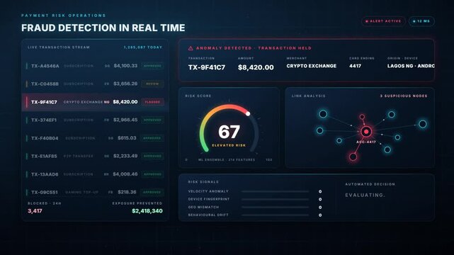Real time fraud detection dashboard with transaction stream risk score gauge and blocked alert