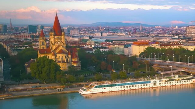 Vienna city skyline aerial view featuring the historic St. Francis of Assisi Church, urban architecture and the Danube waterfront during warm evening light in Austria.