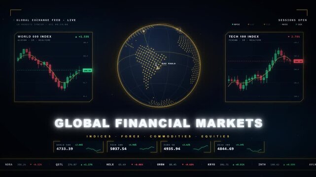 Global financial markets dashboard with rotating dotted globe candlestick charts and ticker tape