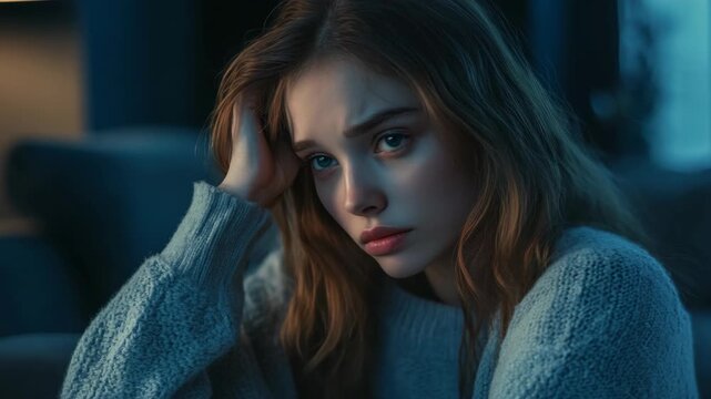 Contemplative young woman with hand on chin.