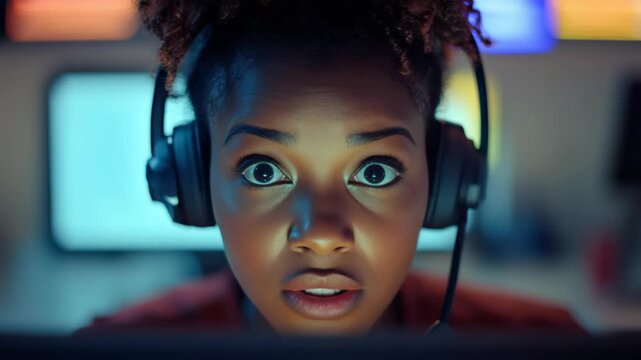 Woman wearing headphones sitting in front of computer monitors showing shock or surprise on her face.