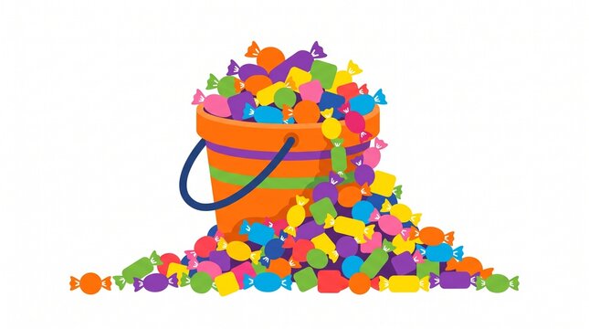 Colorful Candy Bucket Overflowing with Sweets Vector Illustration