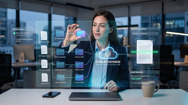 Businesswoman managing digital cloud database files with futuristic holographic interface