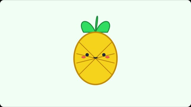 Cute animated pineapple character with kawaii face and minimalist animation 4k fruit