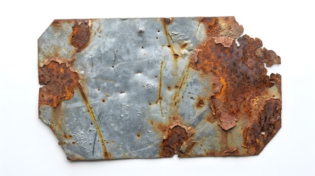 A rectangular piece of weathered and rusted galvanized metal sheet isolated on a white background