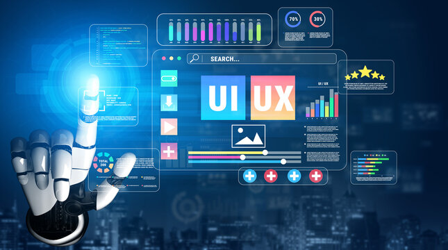 Futuristic User Interface Displaying UI and UX Concepts with a Robotic Hand Touching the Screen in a High-tech Digital Environment Quark.