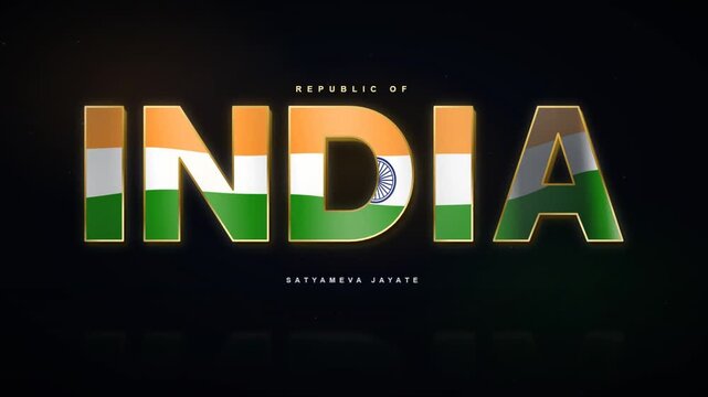 India text title animation with Indian flag texture filling the letters and gold bevel edges
