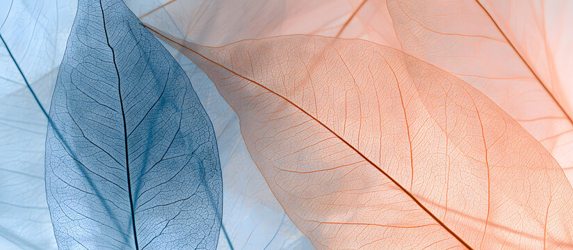 Subtle layers of clear skeletal leaves in soft blue and warm peach hues form a tranquil abstract setting for artistic works.
