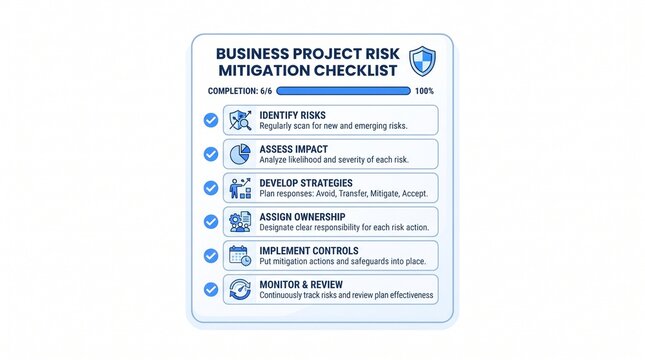 Business project risk mitigation checklist with strategic planning and management icons.