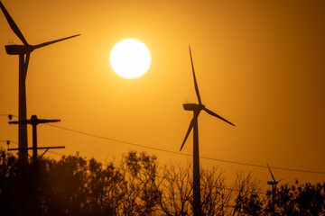 Wind Turbines Silhouetted Against Golden Sunset Sky with Sun © edu_mngs
